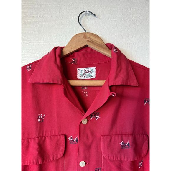 VTG 1940s/50s Holiday Sportswear Red Pilgrim Print Button Up Shirt Size Small - Picture 3 of 9